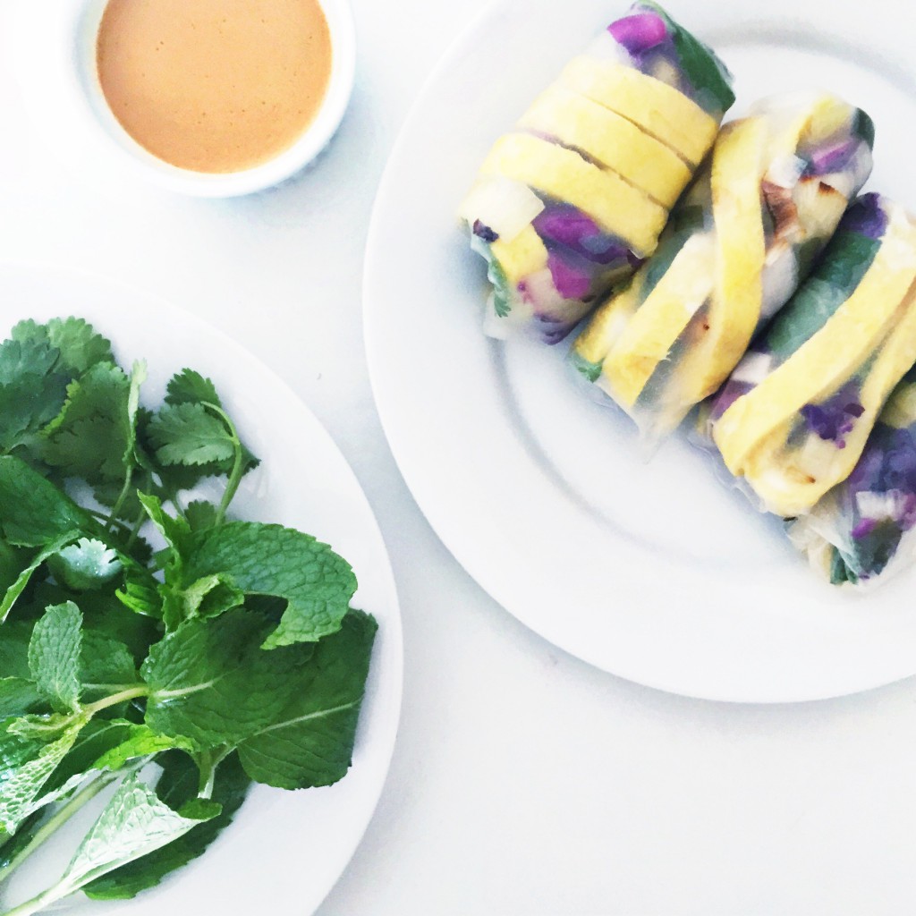 mimi cheng’s summer rolls with spicy almond sauce