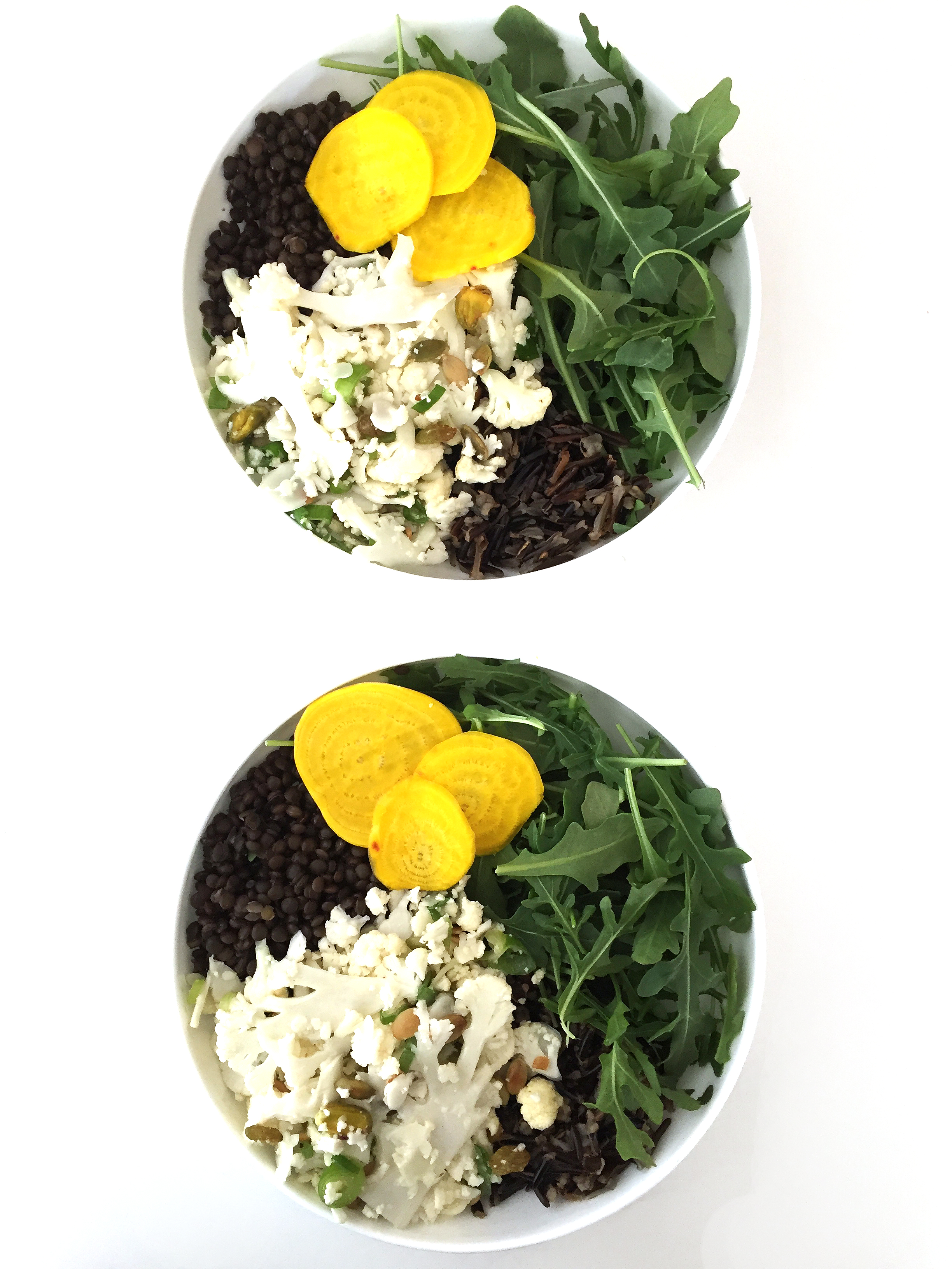 lentil rice bowl with shaved cauliflower salad